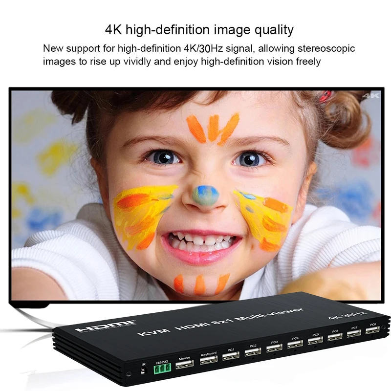 Фото HDMI KVM, мультипросмотр, 4K, 8 в 1, 1080P KVM HDMI, четырехэкранный мультипросмотр, 1X8 HDMI мультипросмотр, бесшовный переключатель с ИК RS232 №5