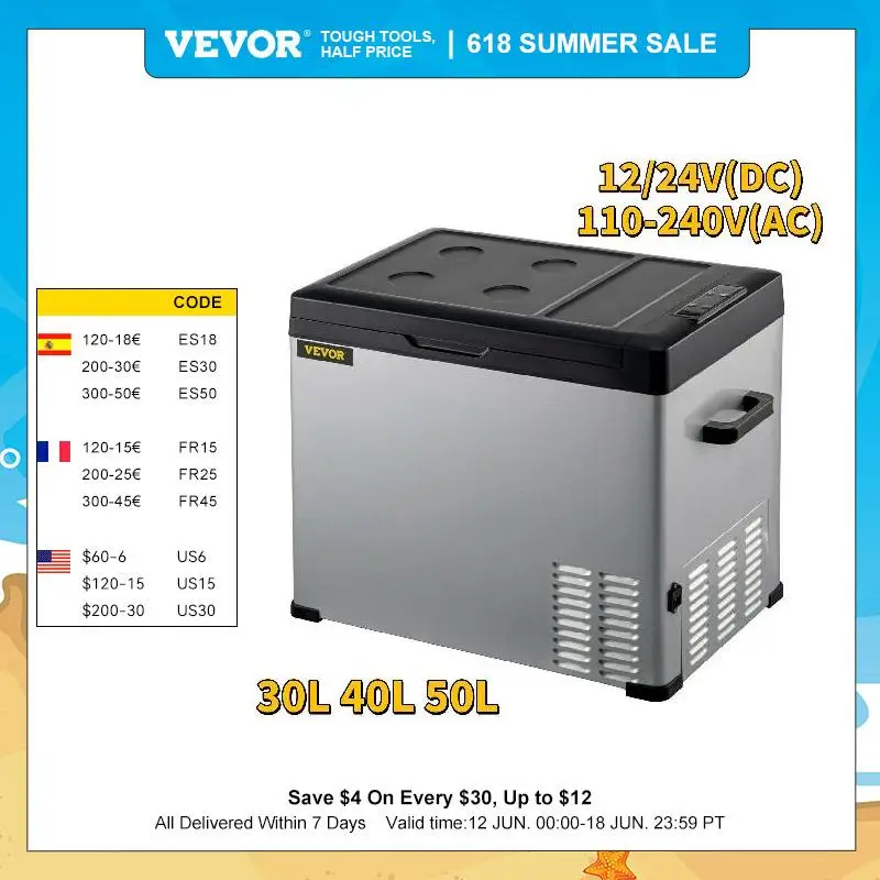 VEVOR 30L 40L 50L Mini Car Refrigerator Portable Small Fridge Freezer 12V/24V DC 110-240 AC Cooler for Outdoors Caravan Camping