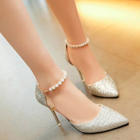 

2022 New Trend Pointed Toe Wedding Bride High Heels Shoes Female Low Small Heel Sandals Party Mules Gold Silver Women Pumps