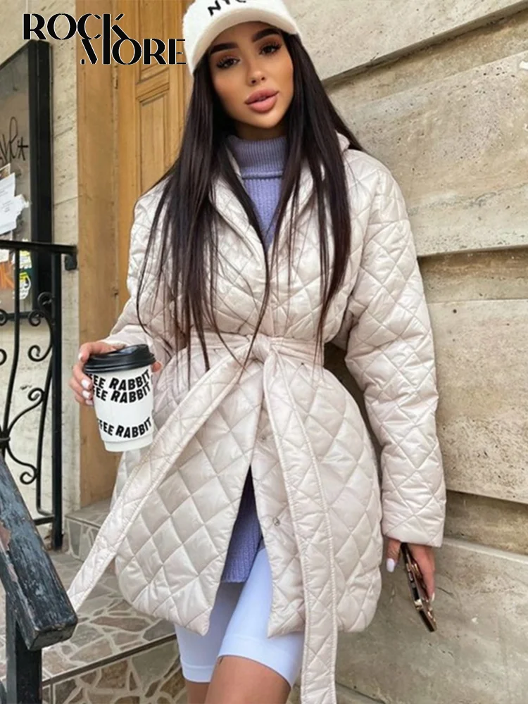 Rockmore Winter Parkas Puffer Jackets Warm Thick Long Coat for Women Fashion Tie Waist Streetwear Female Cotton Clothing 2022