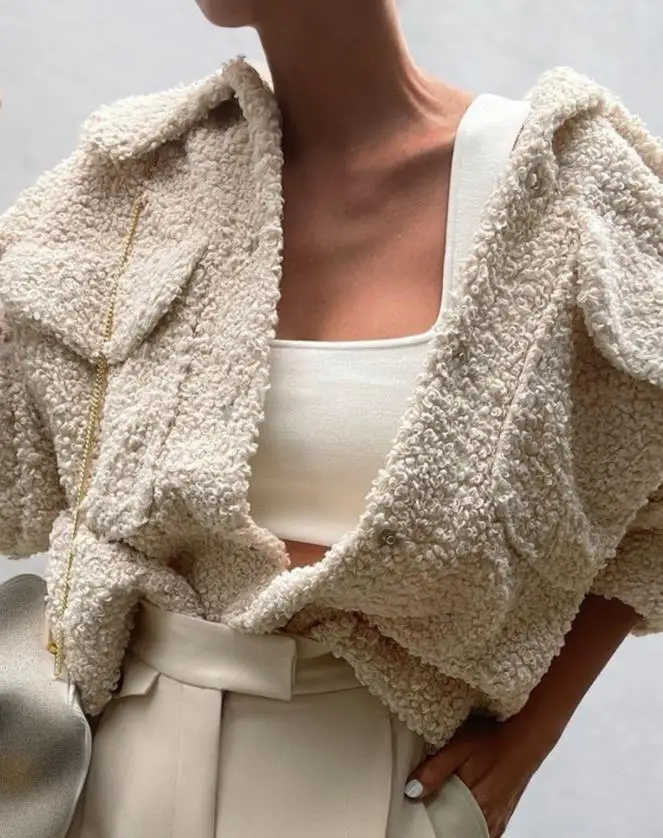 

casual Pocket Design Long Sleeve Fluffy Teddy Coat tops winter clothes women