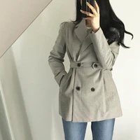 2021 fall women fashion gray blazer jacket suit winter slit elegant double breasted plaid long sleeve outerwear female ladies