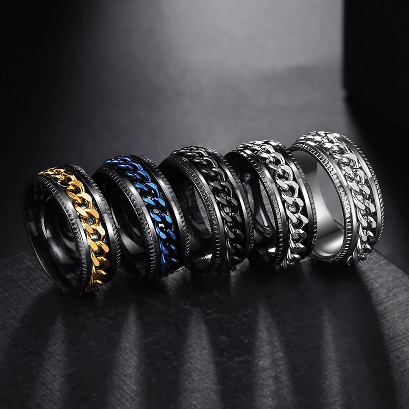 

Anxiety Fidget Rotate Rotating Rings Titanium Stainless Steel Chain Spinner Finger Ring For Men Blue Gold Color Black Punk Rock