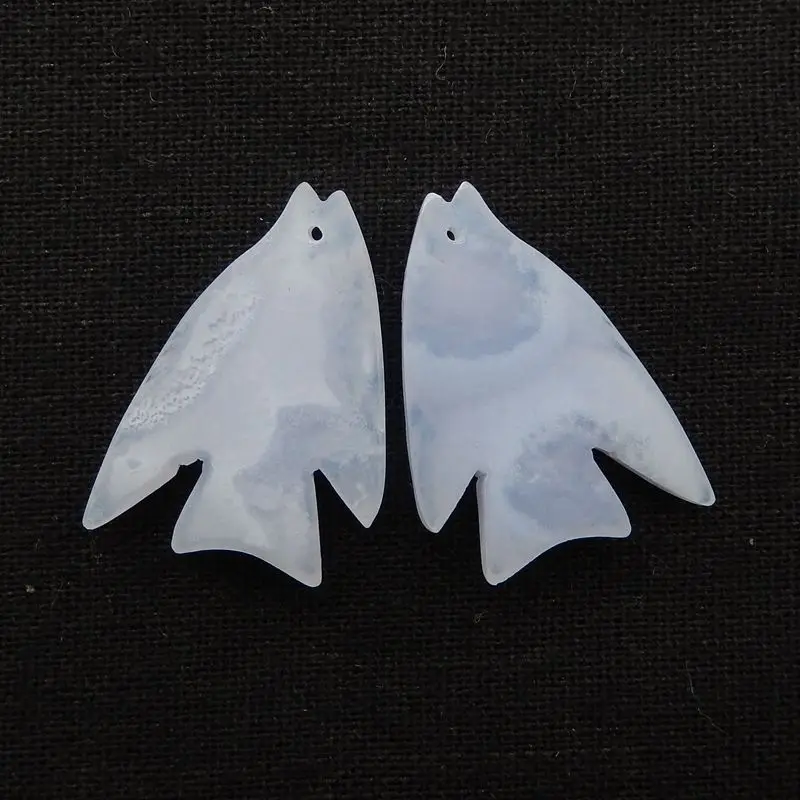 Semiprecious Customized Jewelry Natural Stone Blue Lace Agate Gemstone Carved Fish Earring Beads For Women 30x22x5mm 8g