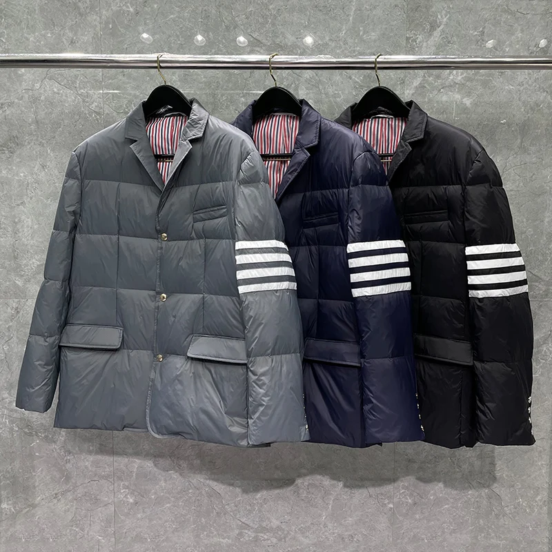 

TB THOM Men Down Coats Loose Turn Down Collar Fashion Brand TB Down Jacket High Quality Casual Winter Clothing Striped Down Suit