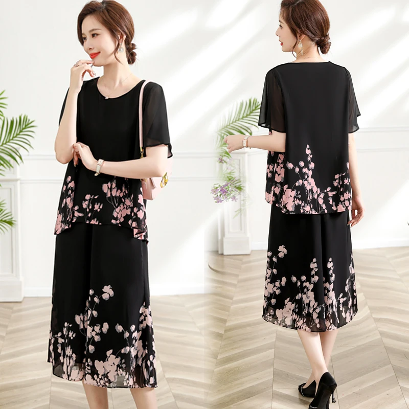 

Элегантные комплекты из 2 предметов с цветочным принтом, летние костюмы для женщин среднего возраста, шифоновая футболка с коротким рукавом, топ, брюки с широкими штанинами, комплекты