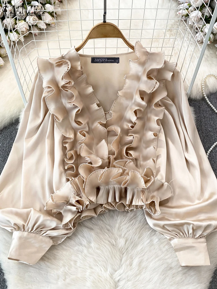ZANZEA повседневная свободная однотонная блузка с v-образным вырезом 2024 винтажные