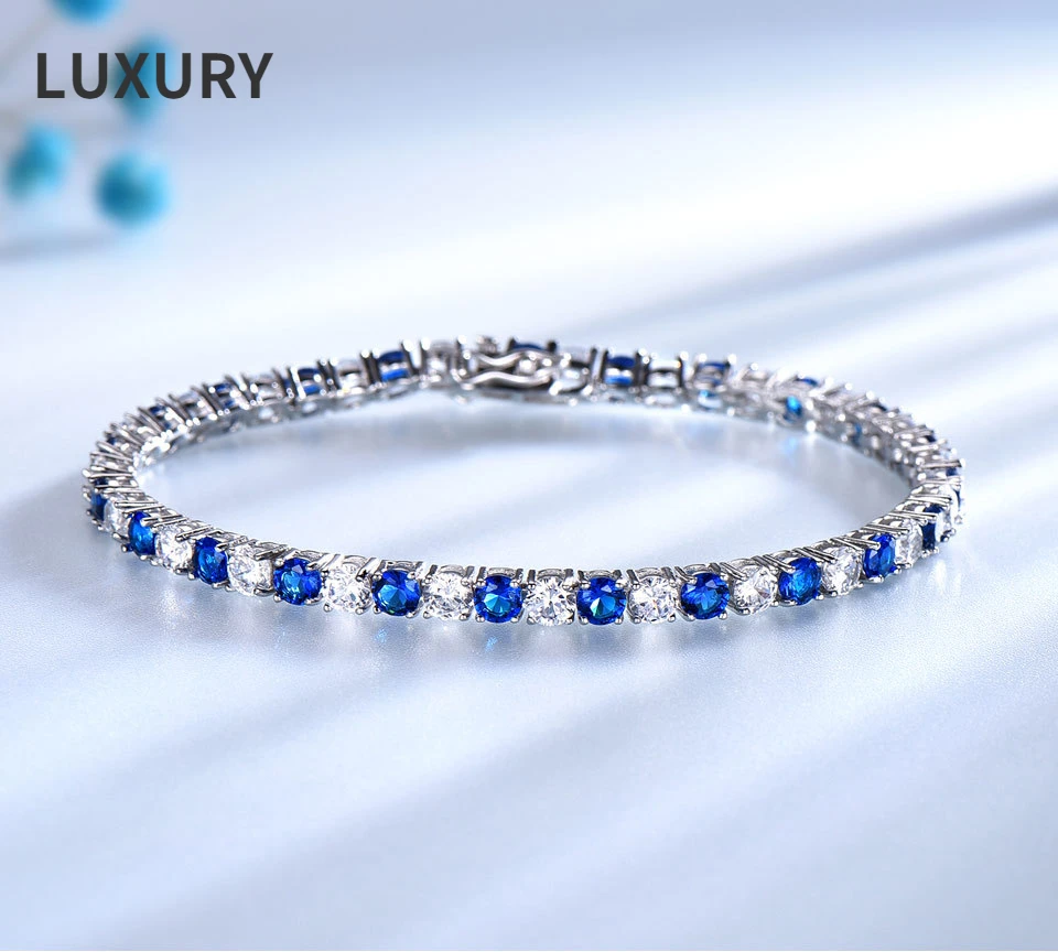 

Luxury 100% S925 Sterling Silver Blue Sapphire Tennis Bracelet For Women Sparkling Party Fine Jewelry Valentine Gifts Wholesale