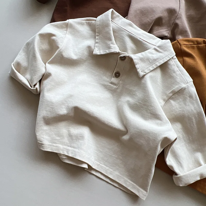 2022 New Children Casual T Shirts Solid Boys Girls Long Sleeve Lapel T Shirts Cotton Kids Bottoming Shirts Vintage Infant Tops