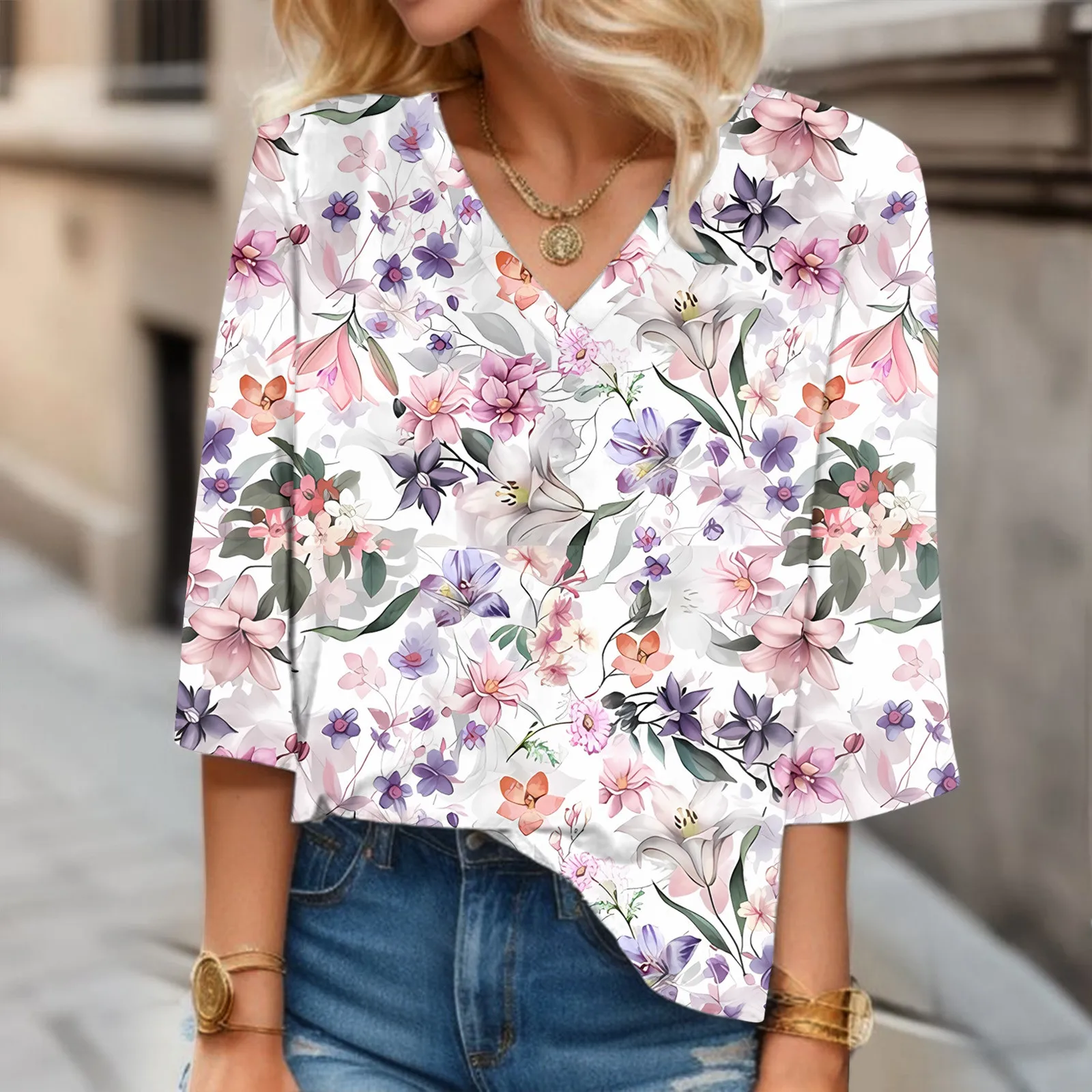 

Sweet Floral Print T-Shirts For Ladies Women Romantic Graphic T Shirt Casual V Neck 3/4 Sleeves Loose Tops Dates Blusas Autumn