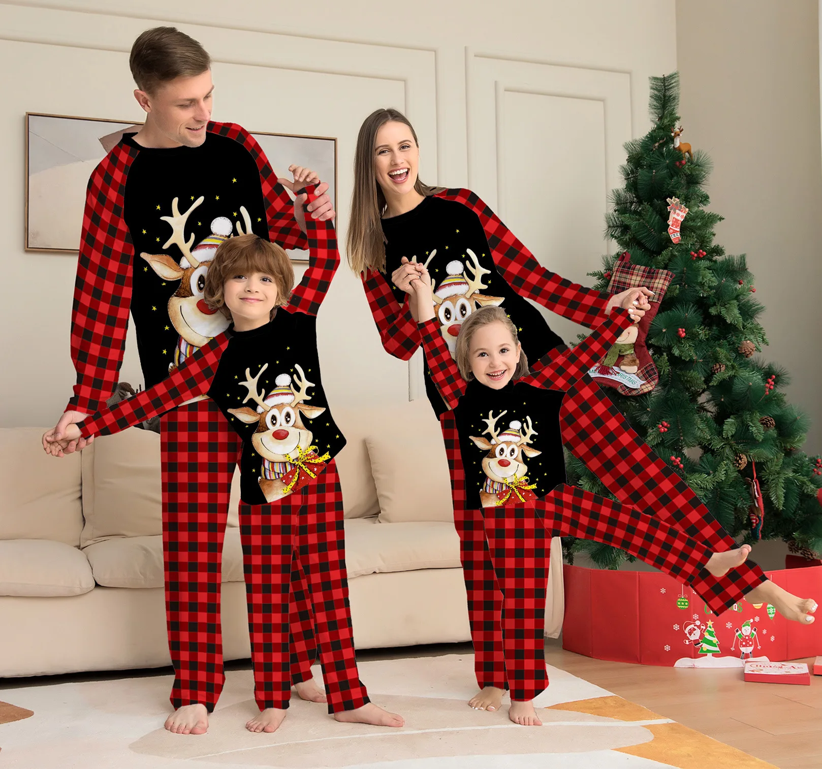 

Christmas Pajamas Matching Family Set Cartoon Deer Print Long Sleeve Xmas Pjs Plaid Kids Mother Father Daughter Couples 2023