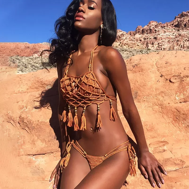 

Купальник-бикини с лямкой на шее, вязаный крючком купальный костюм, женский купальник с щипцами, купальник, бандажный купальник с бахромой и...