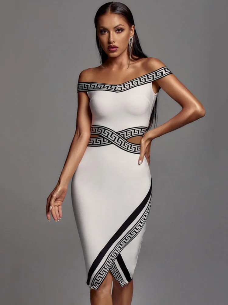 

White Jacquard Bandage Dress for Women Summer 2023 HIgh Quality Off Shoulder Bodycon Dresses Elegant Irregular Vestidos BA289