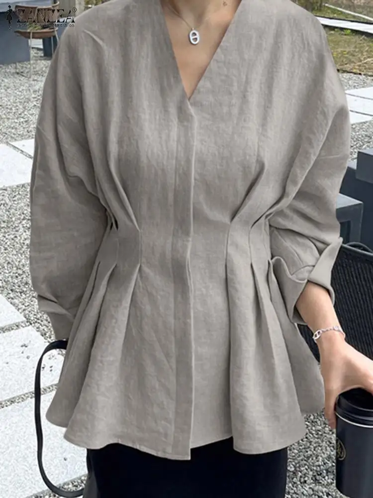 

ZANZEA Womens Pleated Shirts 2022 Spring Aurumn Long Sleeve Tops Casual Solid V Neck Work Ladies Casual A Line Blusa Oversized 7
