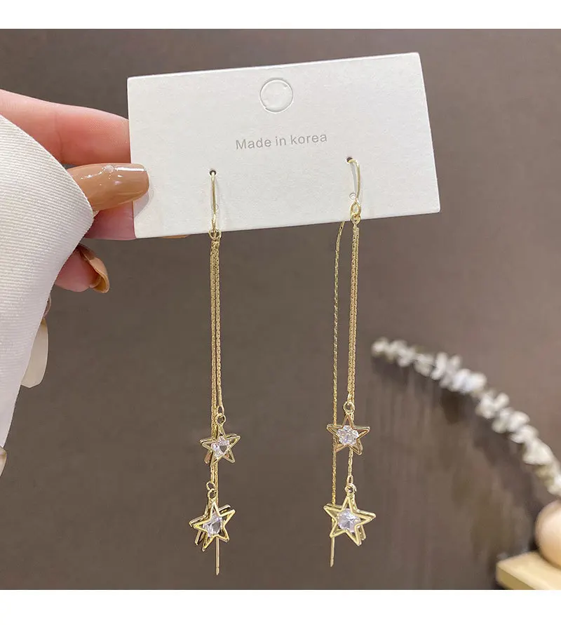 

2022 Korean Fashion Ins Gold Simple Long Zircon Five Pointed Star Earrings for Women's Jewelry Wedding Party Gifts