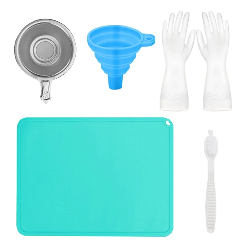 

3D Printer Accessories, Silicone Pad Funnel Stainless Steel Resin Filter Cup Silicone Gloves Cleaning Brush Set, 5Pcs