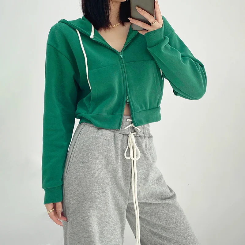 

Simple WOMEGAGA Korean Casual Style Loose Long Sleeve Hooded Sweatshirt Solid Color High Waist V Neck Short Women's QGHR