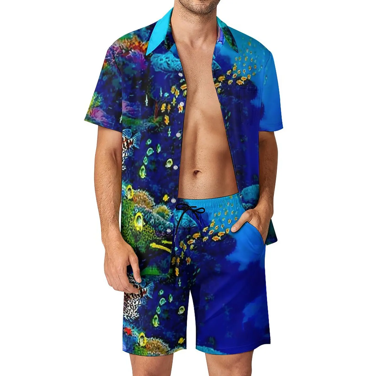 

Tropical Marine Men Sets Deep Blue Sea Casual Shorts Summer Streetwear Beach Shirt Set Short Sleeve Custom Plus Size Suit Gift