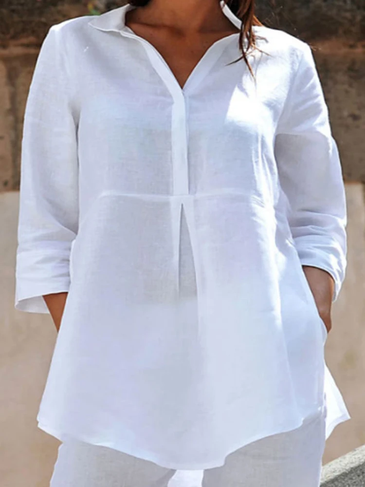 

Vintage Cotton Linen Blouse Women Fashion Solid Office Shirt Pullover Casual Lady Turn-Down Collar Button Tops Blusa Streetwear