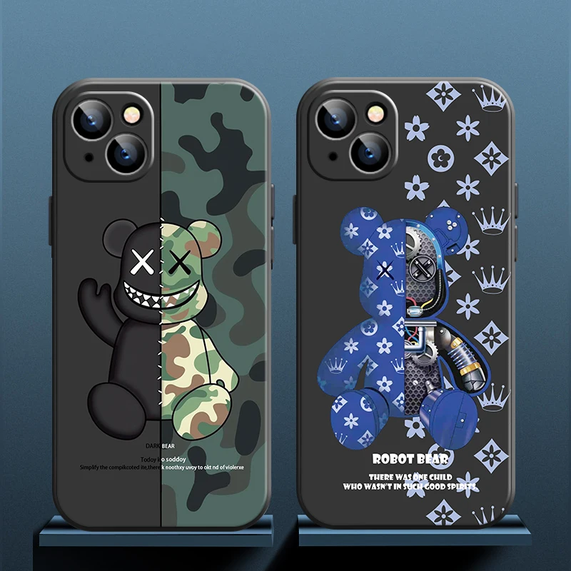 

Fashion Side Gloomy Cool Bear Phone Case For Apple iPhone 13 12 11 Pro 12 13 Mini X XR XS Max SE 6 6s 7 8 Plus Liquid Silicon