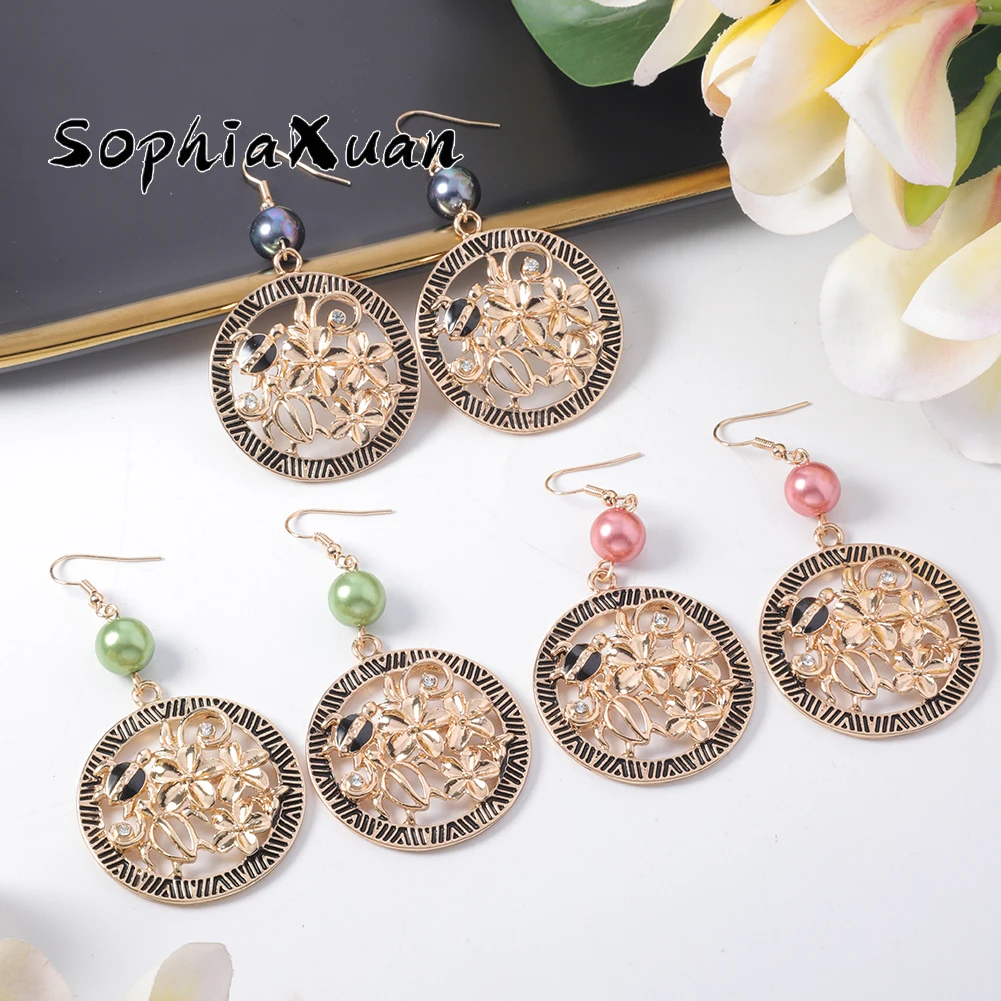 

Sophiaxuan New Bohemia Flower Charm Dangle Earring Hawaiian Hollow Out Jewelry Elegant Tortoise Pearl Drop Earrings for Women