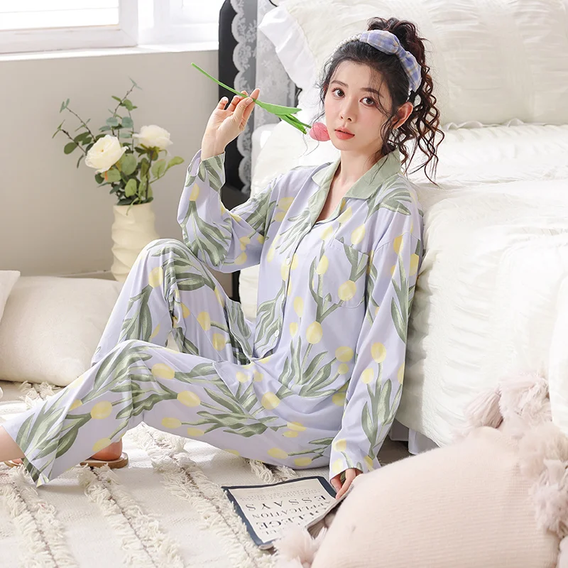 

Pajamas Set Women 2pcs Modal Big Yards Flower V-Neck Pijamas Autumn Winter Elegant Long Sleeve Mujer Cardigan Homewear Nightwear