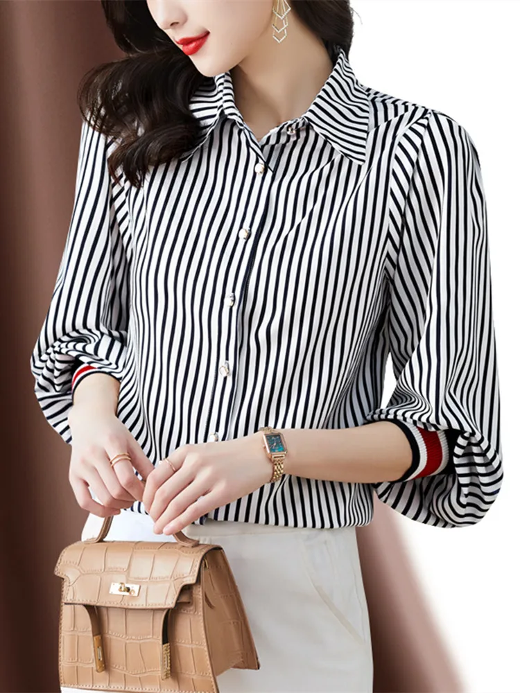 

Women's Shirt Turn-down Collar Blue and White Striped Long-sleeved 2022 New Fashion Chiffon Button Blouses Basic Women Clothing