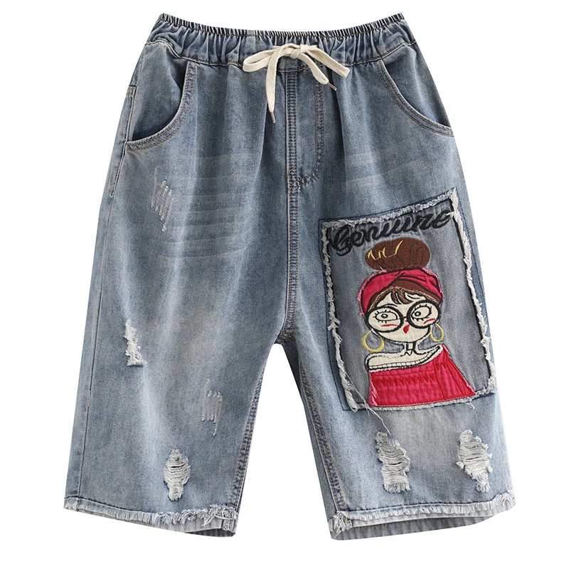 Women Summer Embroidery Cartoon Patchwork Vintage Ripped Hole Casual Shorts Female Elastic Drawstring Denim Shorts Streetwear