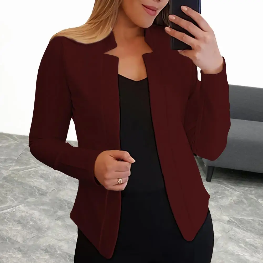 

Chic Women Blazer Skin-touching Jacket Blazer Solid Color Office Work Notched Collar Open Stitch Cardigan Blazer Windproof