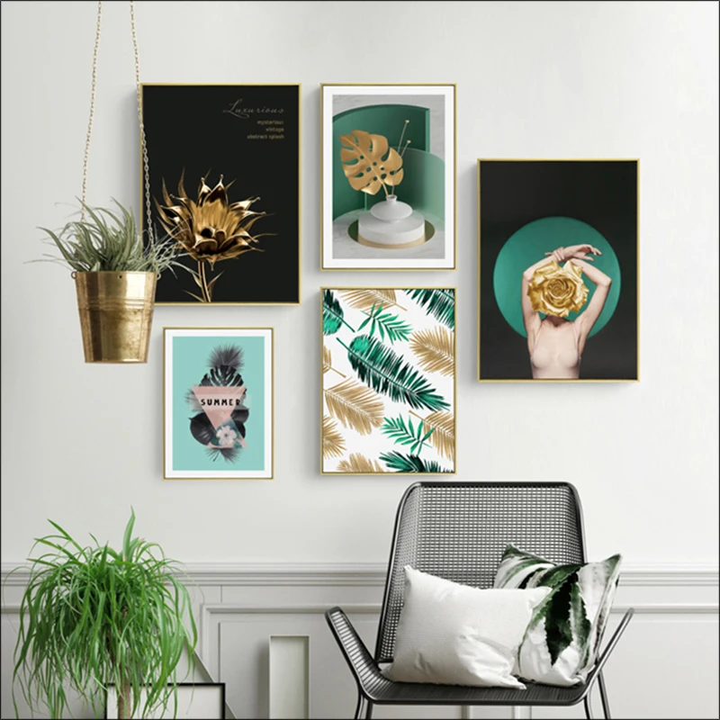 

Personalized Beauty Canvas Painting, Creative Golden Green Leaf Poster, Green Light Luxury Hotel Letter Mural, Living Room Bedro