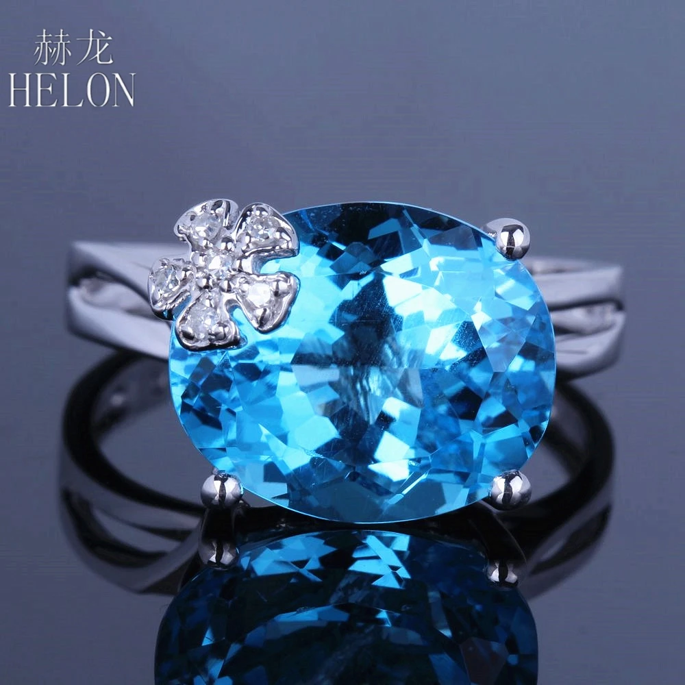 

HELON Solid 14K White Gold AU585 Flawless Oval 11x13mm Genuine Blue Topaz Diamonds Women Fine Jewelry Engagement Wedding Ring