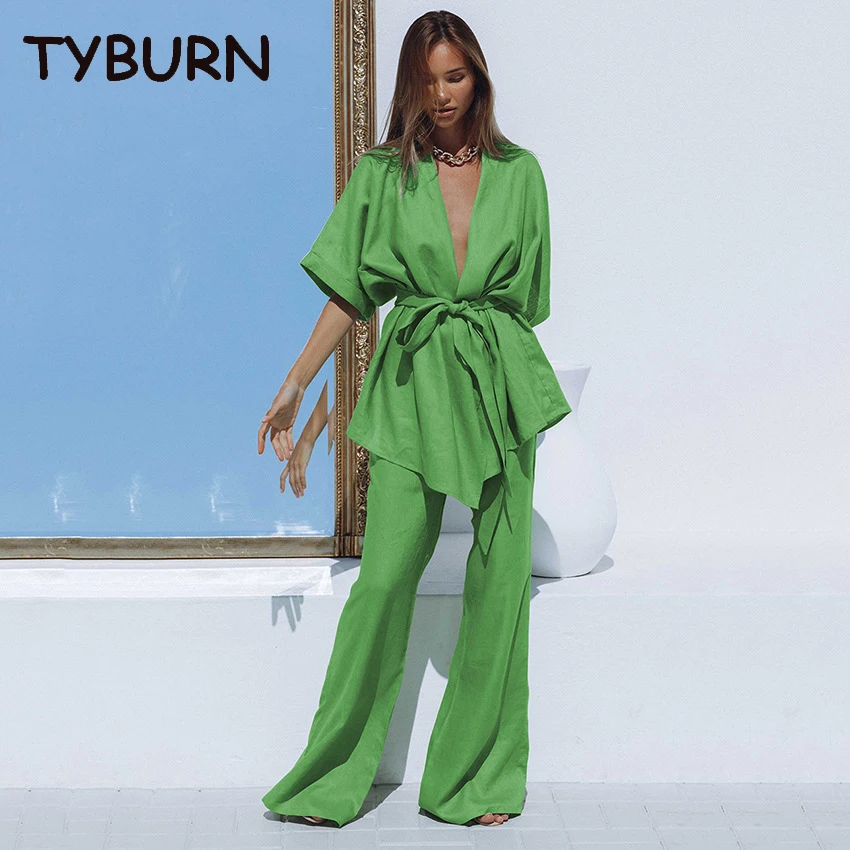 

TYBURN Summer Cotton Linen Short Sleeved Pants Two-Piece Belt Design Casual Women's 2 Piece Sets Womens Outfits