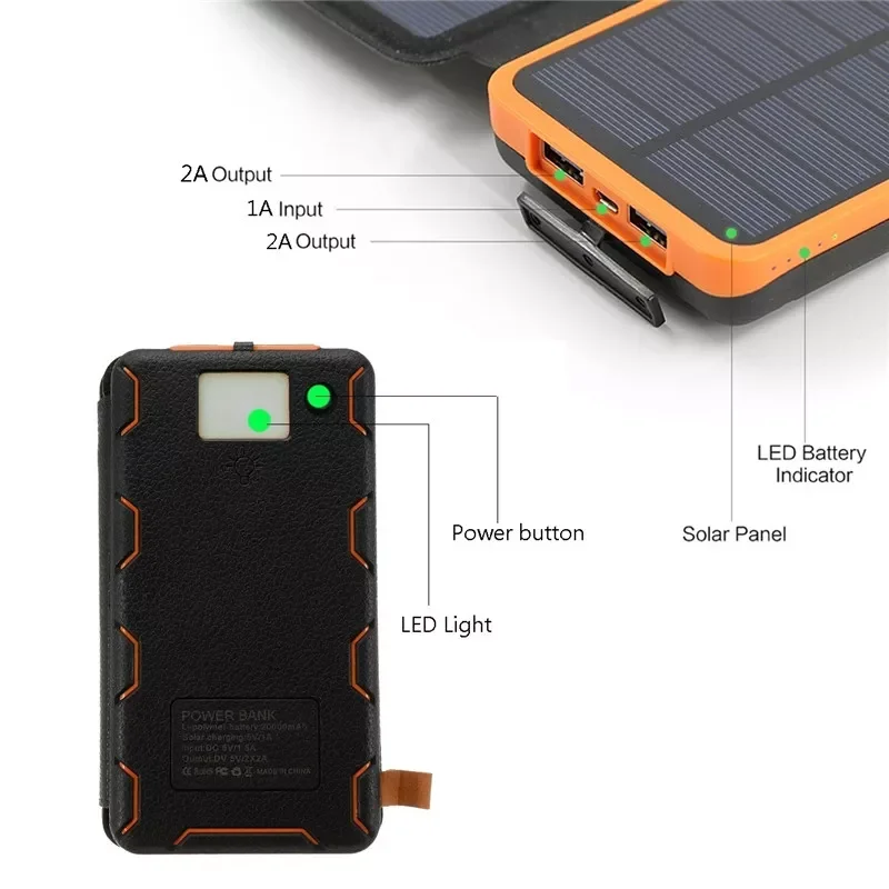 

30000mAh Solar Power Bank Two-way Fast Charging Portable Charger Waterproof External Battery with Flashlight for Xiaomi iPhone