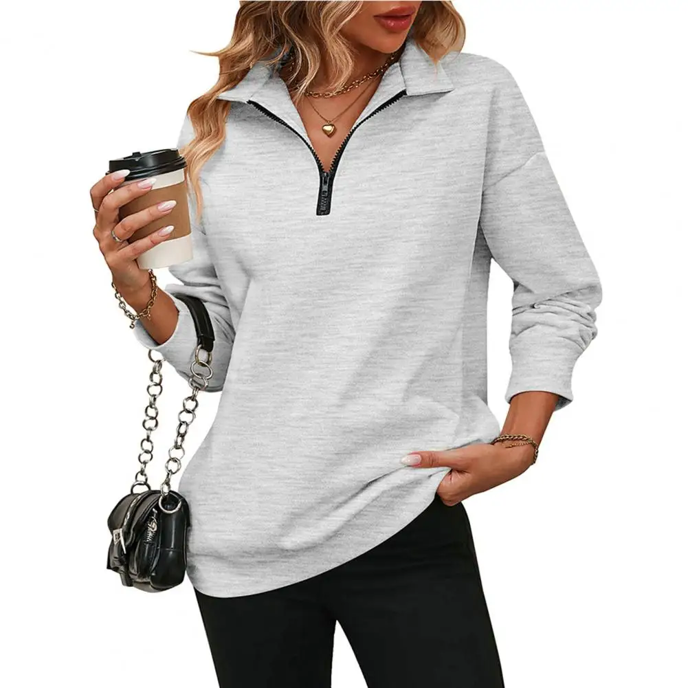 

Women Autumn Winter Lapel Zipper Half Placket Sweatshirt Long Sleeve Solid Color Loose Fit Teen Girls Pullover Tops