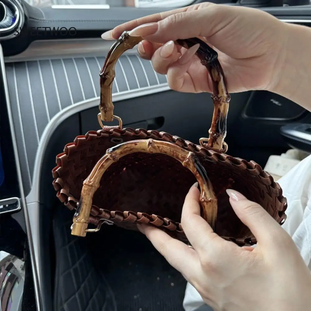 Фото Женская плетеная сумка-тоут из соломы, пляжная сумка с бамбуковой ручкой, повседневная сумка-корзина для летнего отдыха №2