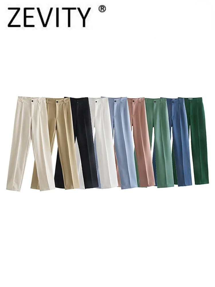 

ZEVITY Women Chic Fashion Office Wear Straight Pants Vintage High Waist Zipper Fly Female Trousers Mujer P3