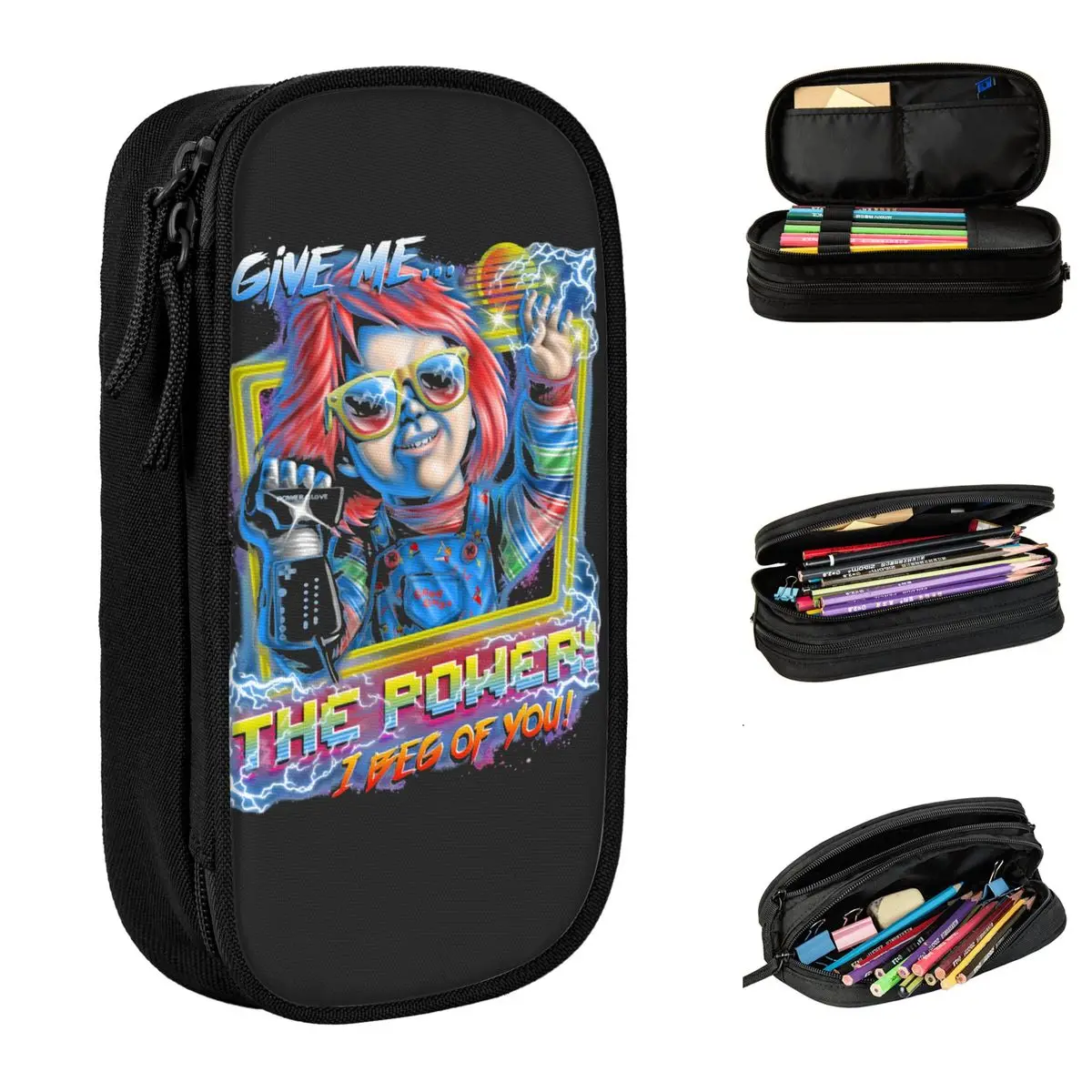

Give Me The Power Chucky Pencil Cases Horror Scary Creepy Halloween Pen Box Bags Large Storage School Supplies Gift Pencilcases
