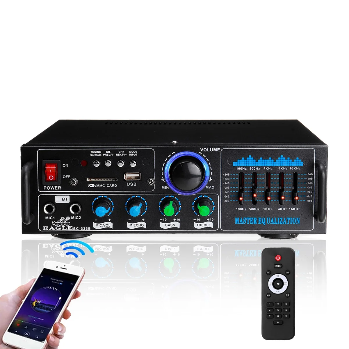 

2000W 2CH bluetooth Stereo Amplifier Surround Sound Mixer 2mic HiFi Amplifiers USB AMP FM AUX Home Cinema Karaoke Remote Control