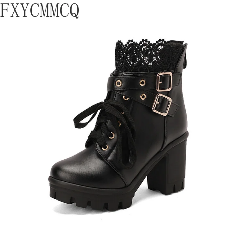 FXYCMMCQ 2022 Spring and Autumn Korean Version of The New Thick Heels Simple Wild Lace Sweet Girl Shoes 815