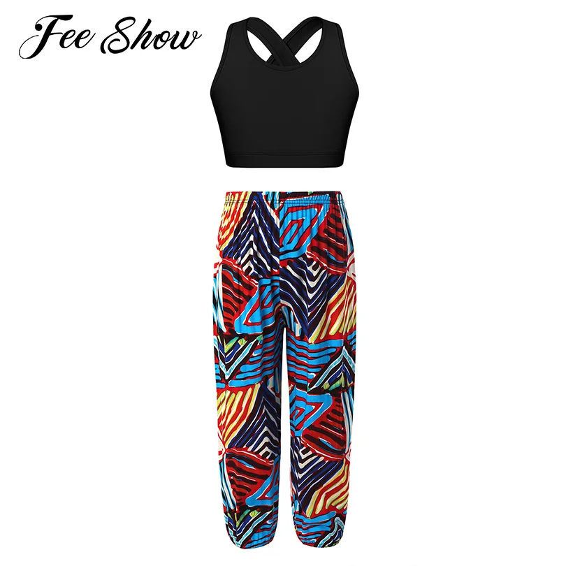 

Модная повседневная одежда для девочек, детские комплекты для йоги, спортивные костюмы, топы без рукавов с шаровары в стиле бохо для детей, с...