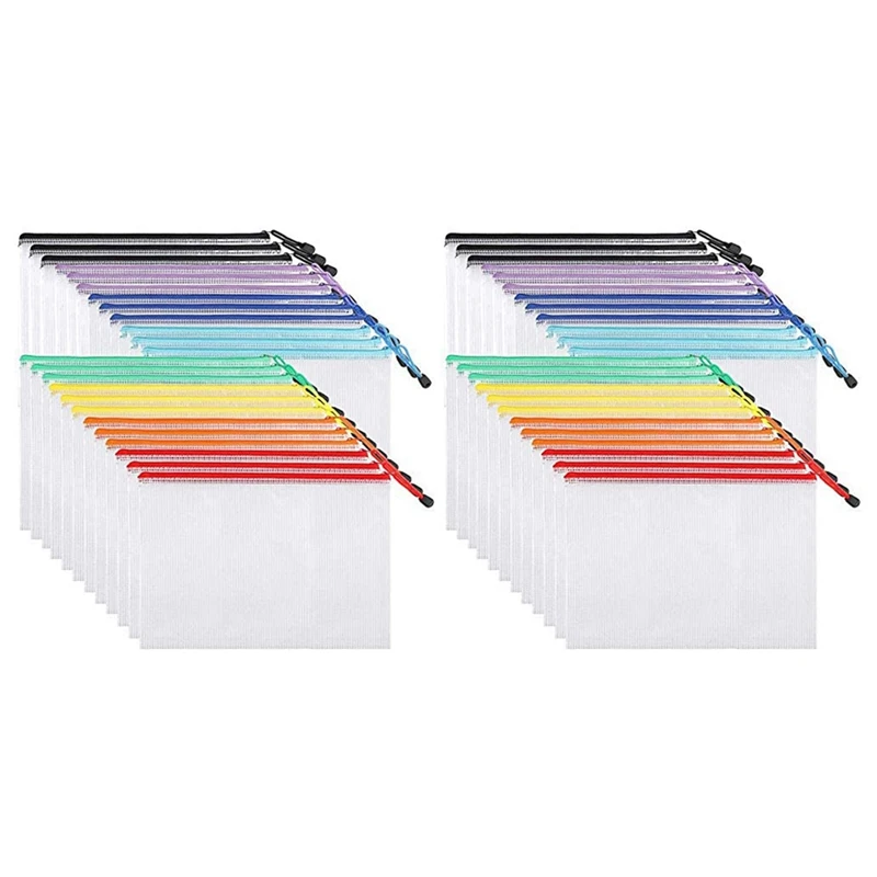 

48Pcs Mesh Zipper Pouch Document Bag, Plastic Zip File Folders, Letter Size/A4 Size, For Office Supplies