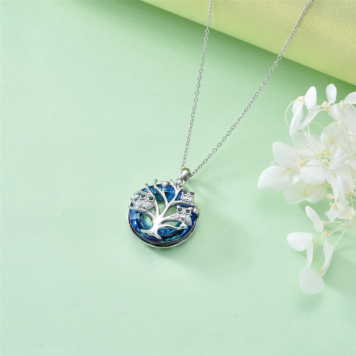 Великолепное синее кольцо с кристаллом Древа жизни и подвеской в ​​виде совы