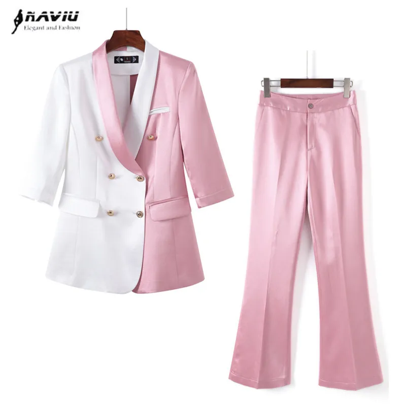 

Acetata Satin Suit Women Thin 2022 New High End Temperament Casual Half Sleeve Slim Blazer And Pants Office Ladies Work Wear