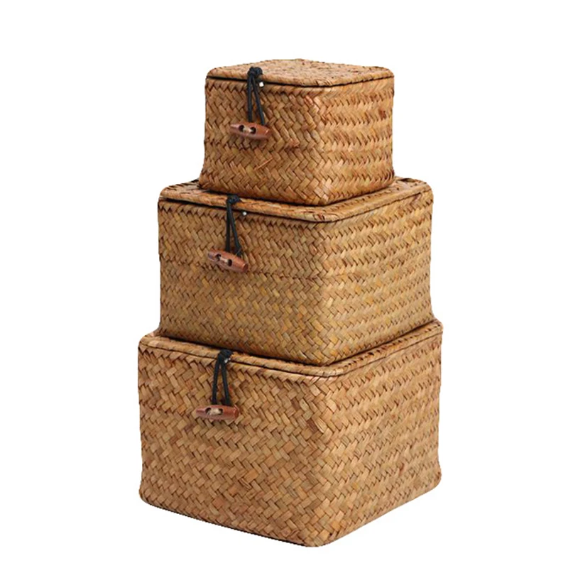 

Корзина для хранения из морских водорослей, коробка для хранения ручной работы с крышкой, органайзер для мелочей, косметики, прямоугольный ...