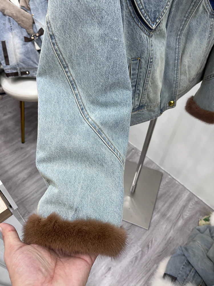 Зимние женские джинсовые пальто с воротником из натурального норкового меха