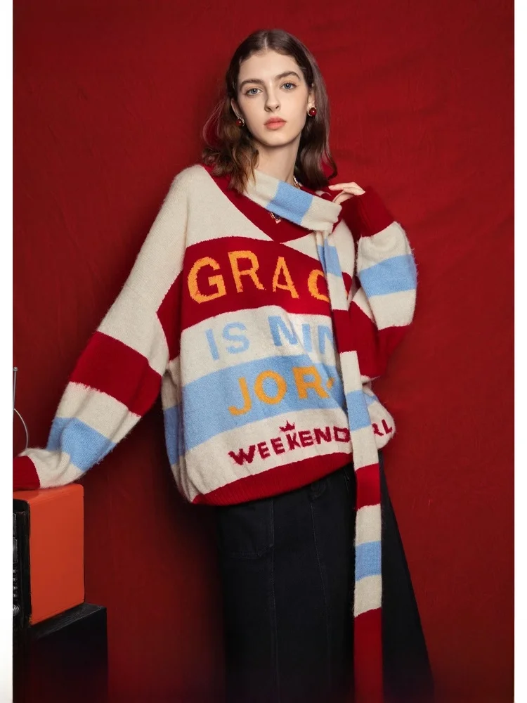 Zhuoya Weekend 24 весенний новый вязаный шарф контрастного цвета с заниженными плечами