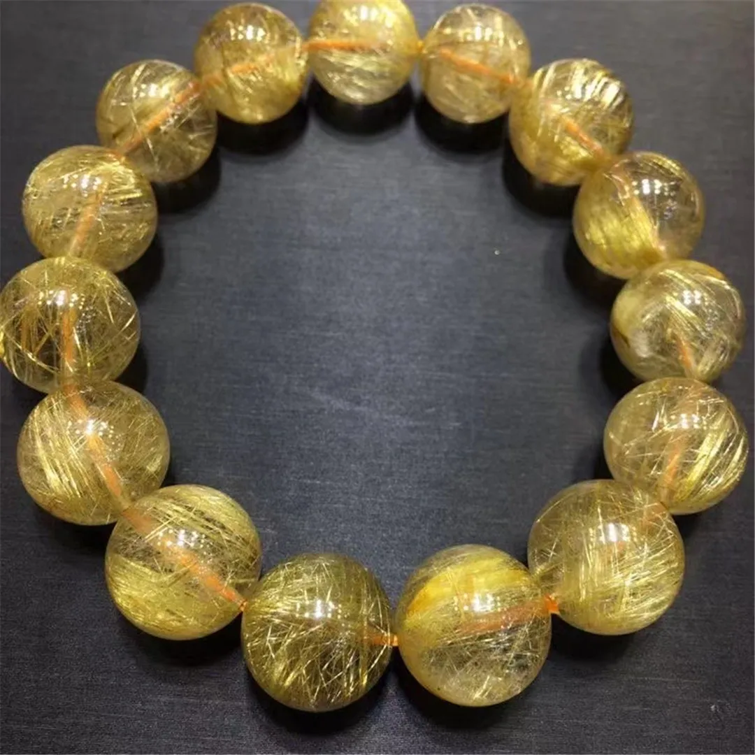 

15mm Natural Gold Rutilated Quartz Bracelet Jewelry For Women Men Wealthy Reiki Gift Rare Crystal Round Beads From Brazil AAAAA