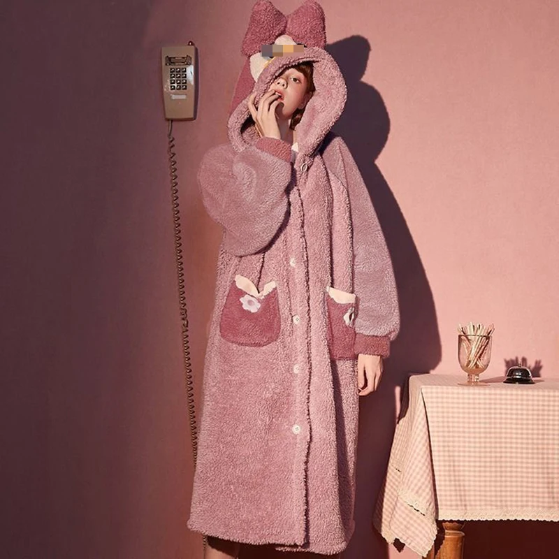 Plush Coral Fleece Sleepwear Long Bathrobe Christmas Cosplay Animal Women's Pajamas Hooded Nightgown Cartoon Cute Warm Pijama