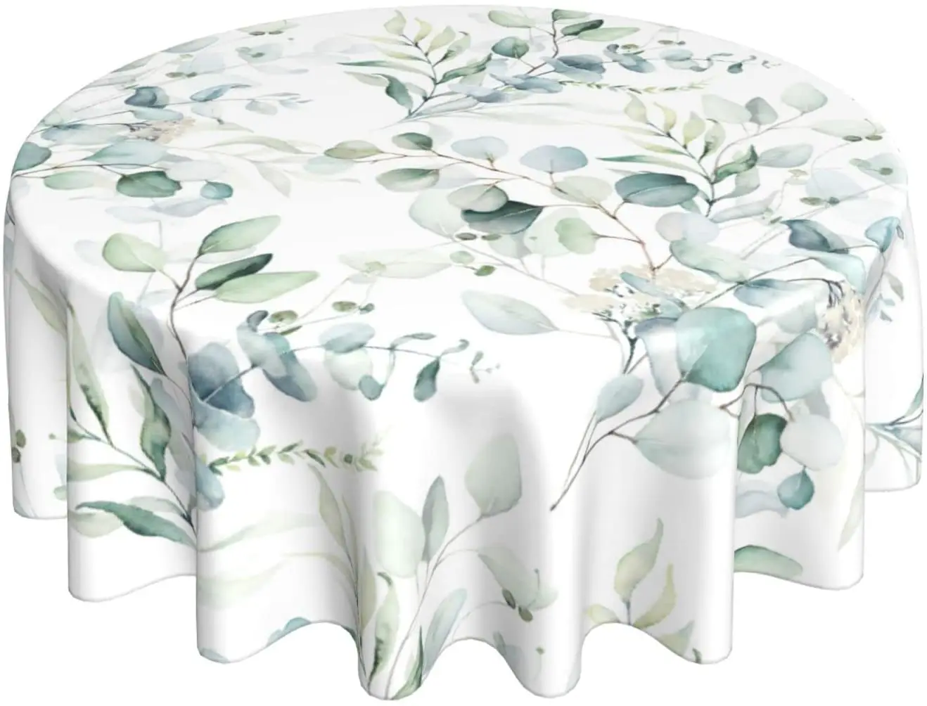 Spring Leaf Floral Sage Tablecloth Round 60 Inch Ruitic Watercolor Table Cloth Waterproof Fabric Green Grey Leaves Tablecloths