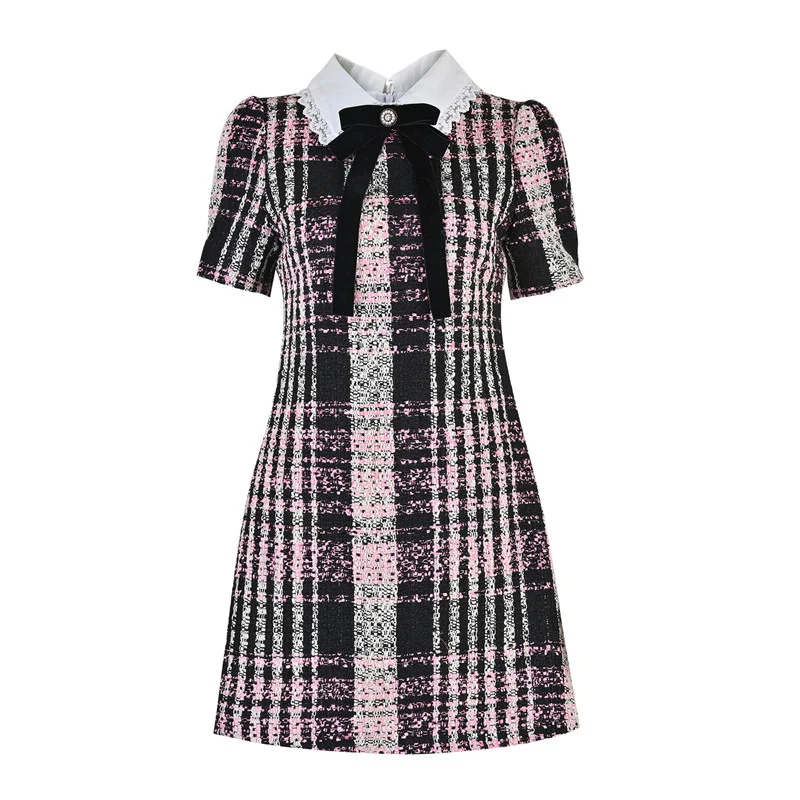 

Women French Doll Collar Hepburn Wind Bowknot Kore Short Puff Sleeve Tweed Grid Sweet Mini Dress Vestidos Elegantes Para Mujer